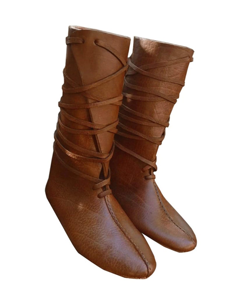 Syktkmx Mens Renaissance Lace Up Loafer Boots Medieval Cosplay Pirate Viking Tied Halloween Shoes - Image 1